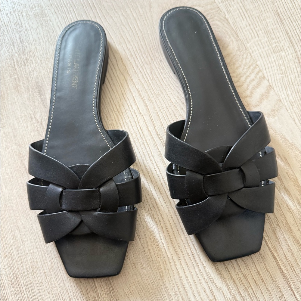 YSL Saint Laurent Elegant Black Women's Slide Sandals Size 38.5